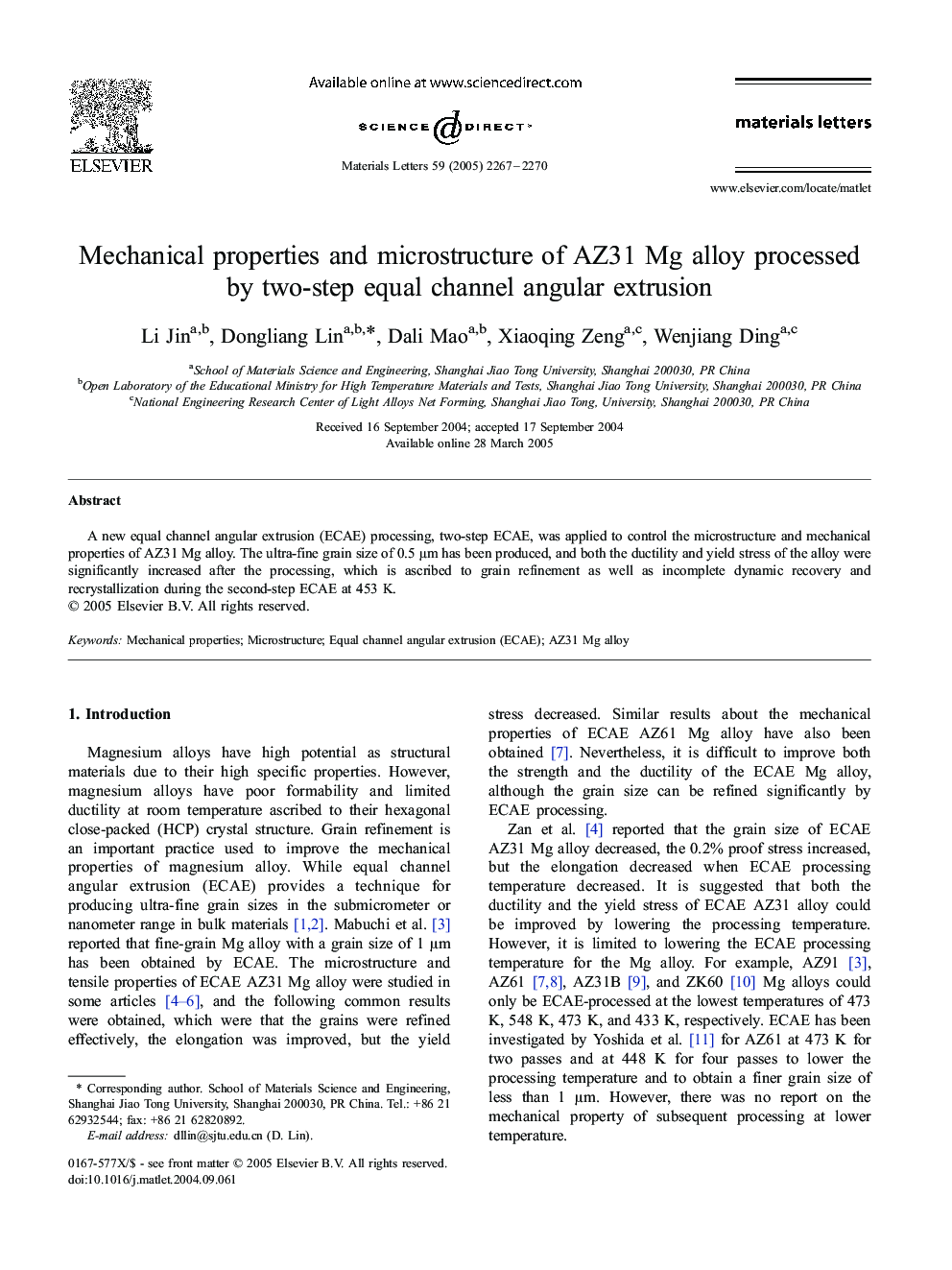 Mechanical properties and microstructure of AZ31 Mg alloy processed by two-step equal channel angular extrusion