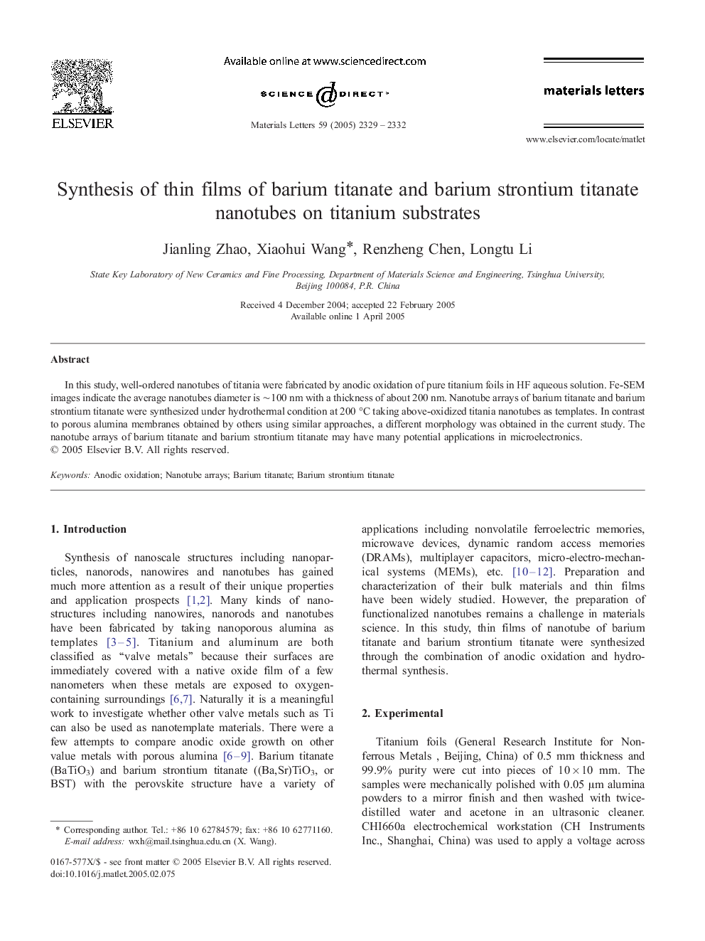 Synthesis of thin films of barium titanate and barium strontium titanate nanotubes on titanium substrates