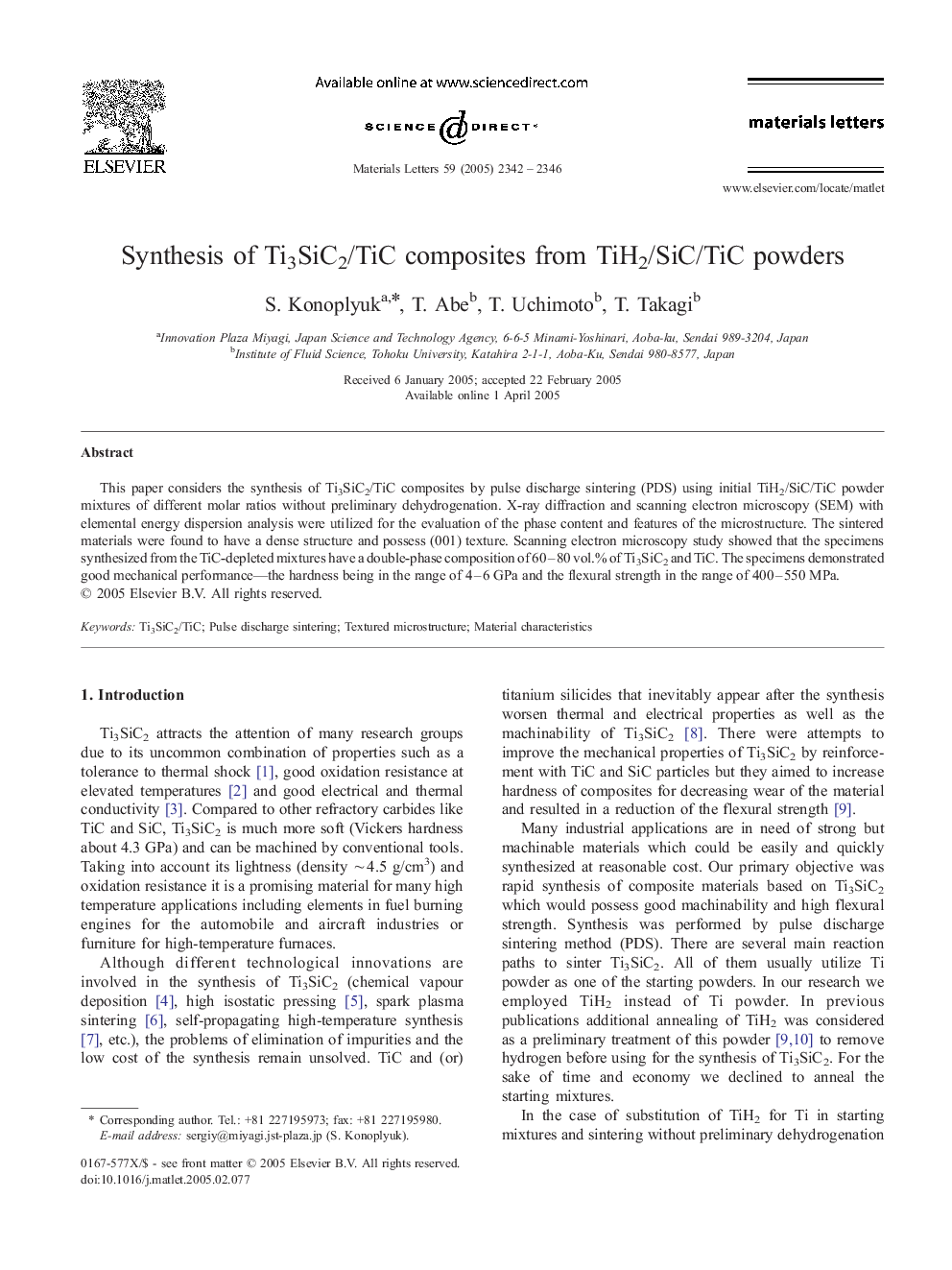 Synthesis of Ti3SiC2/TiC composites from TiH2/SiC/TiC powders