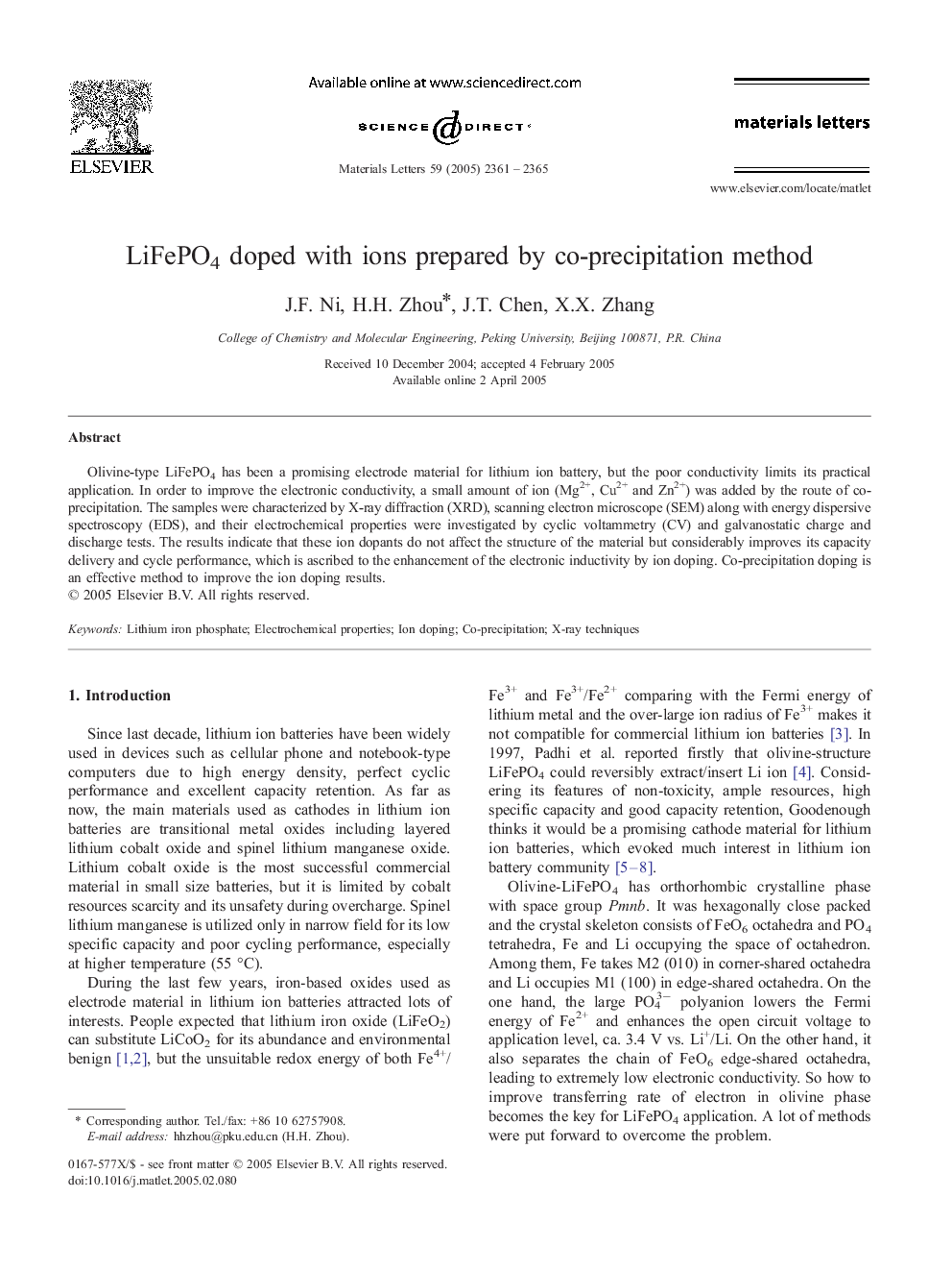 LiFePO4 doped with ions prepared by co-precipitation method