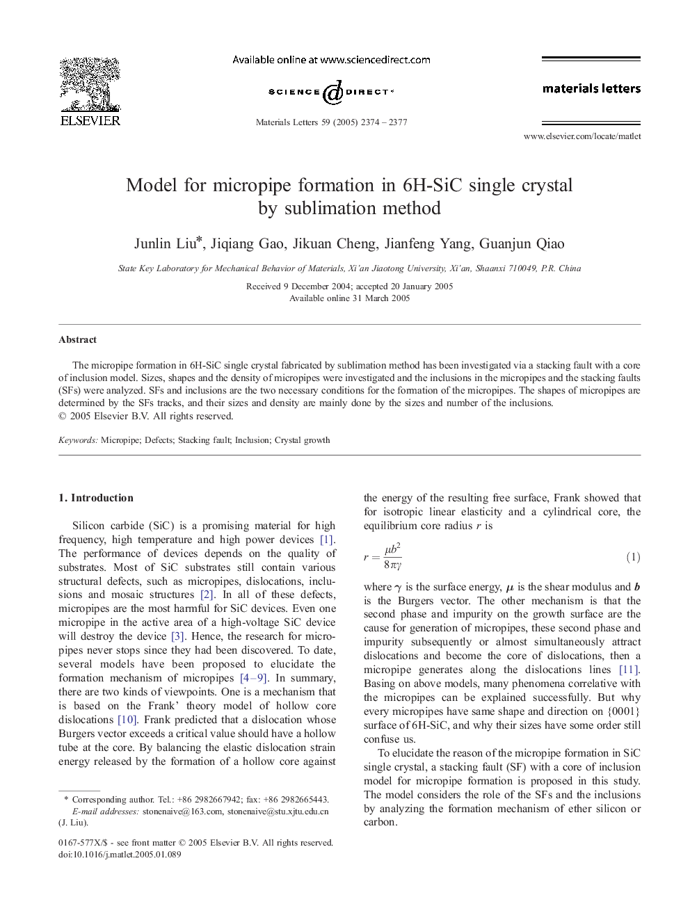 Model for micropipe formation in 6H-SiC single crystal by sublimation method