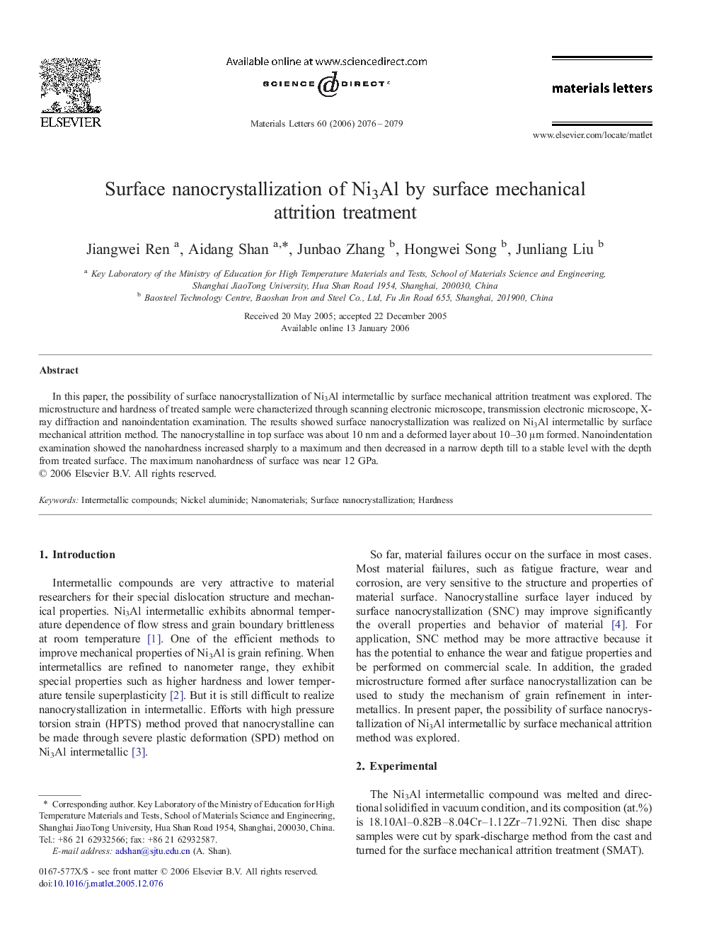 Surface nanocrystallization of Ni3Al by surface mechanical attrition treatment