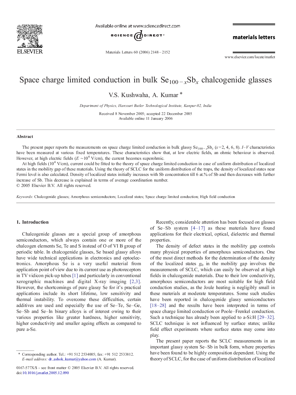 Space charge limited conduction in bulk Se100 − xSbx chalcogenide glasses