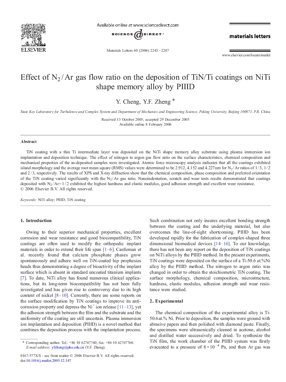 Effect of N2 / Ar gas flow ratio on the deposition of TiN/Ti coatings on NiTi shape memory alloy by PIIID