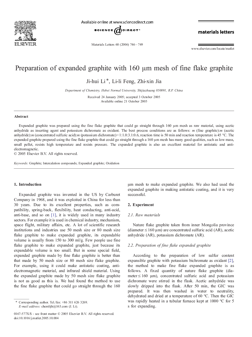 Preparation of expanded graphite with 160 μm mesh of fine flake graphite