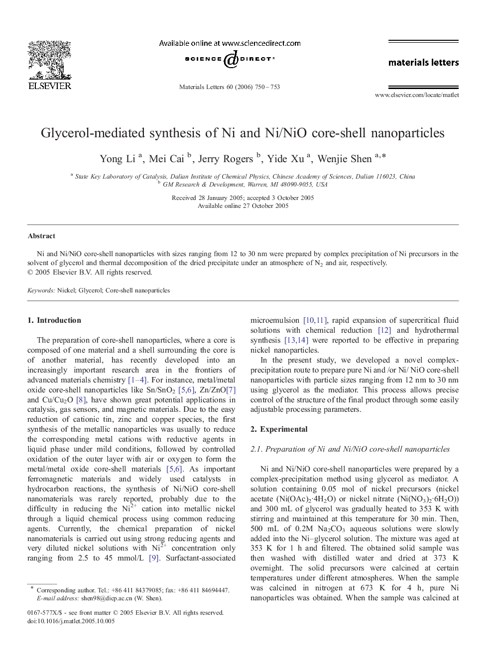 Glycerol-mediated synthesis of Ni and Ni/NiO core-shell nanoparticles