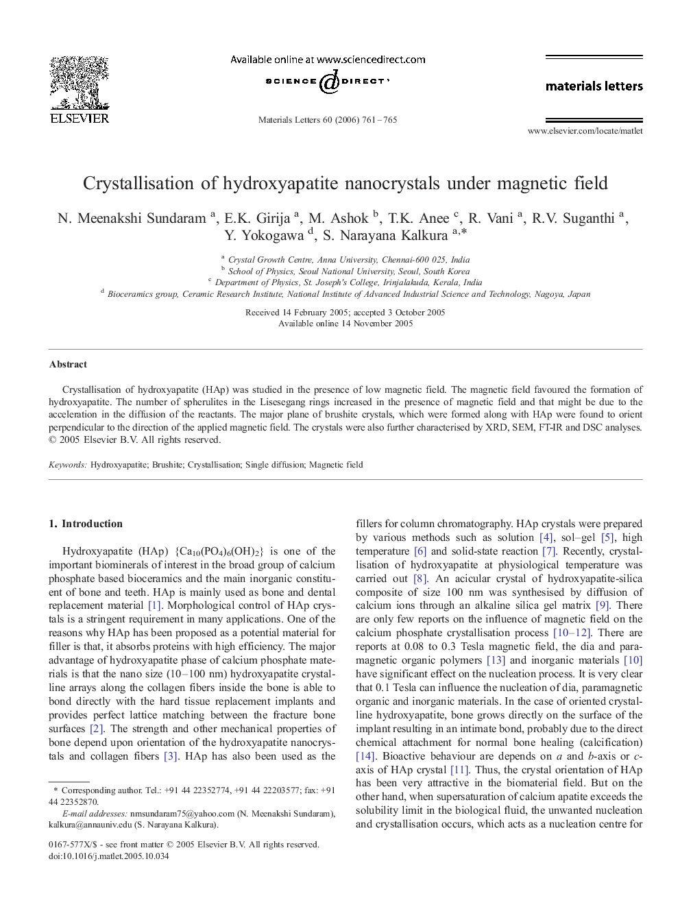 Crystallisation of hydroxyapatite nanocrystals under magnetic field