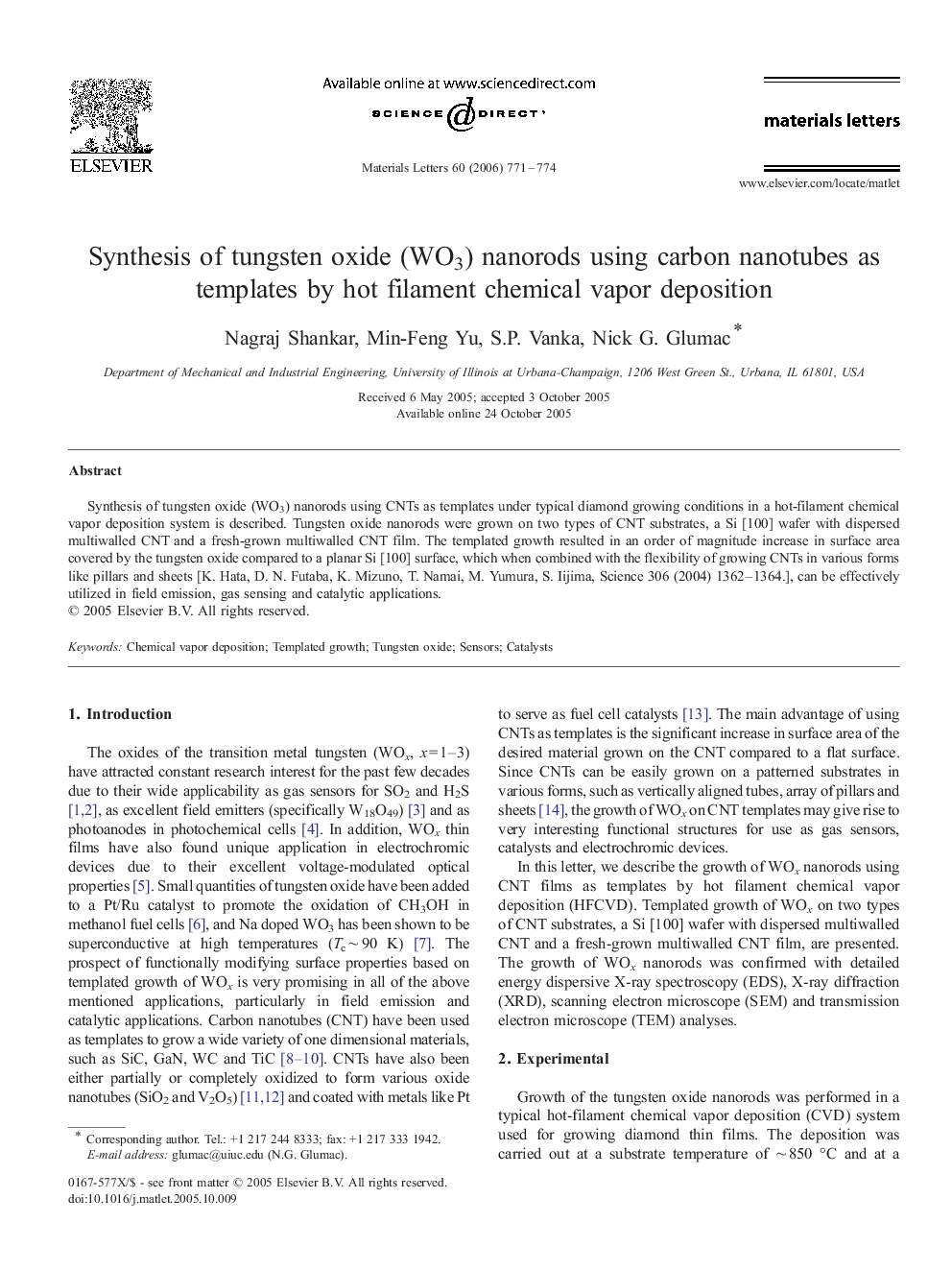 عکس صفحه اول مقاله: Synthesis of tungsten oxide (WO3) nanorods using carbon nanotubes as templates by hot filament chemical vapor deposition Synthesis of tungsten oxide (WO3) nanorods using carbon nanotubes as templates by hot filament chemical vapor deposition