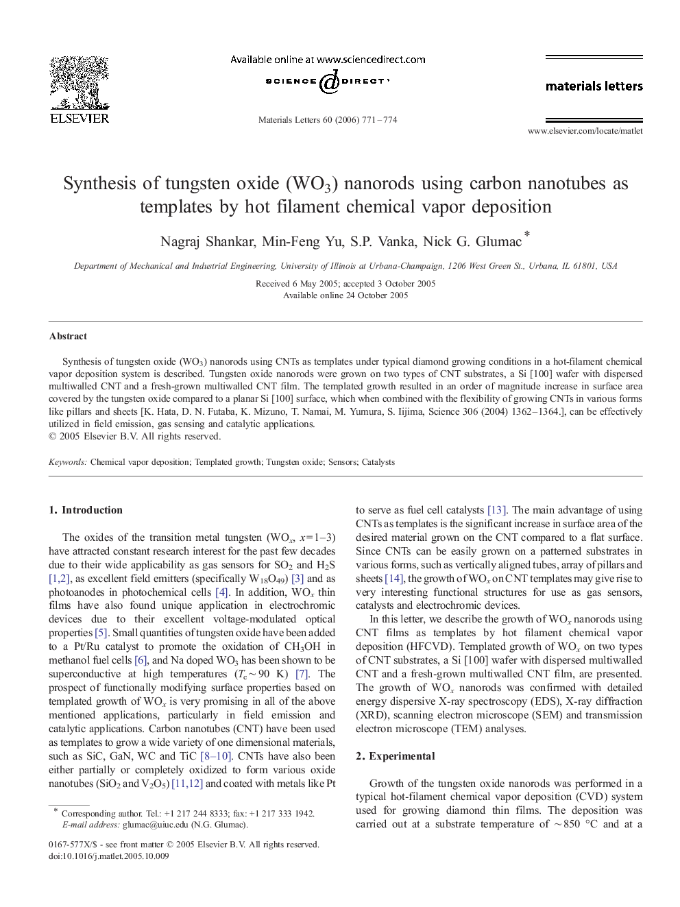 Synthesis of tungsten oxide (WO3) nanorods using carbon nanotubes as templates by hot filament chemical vapor deposition