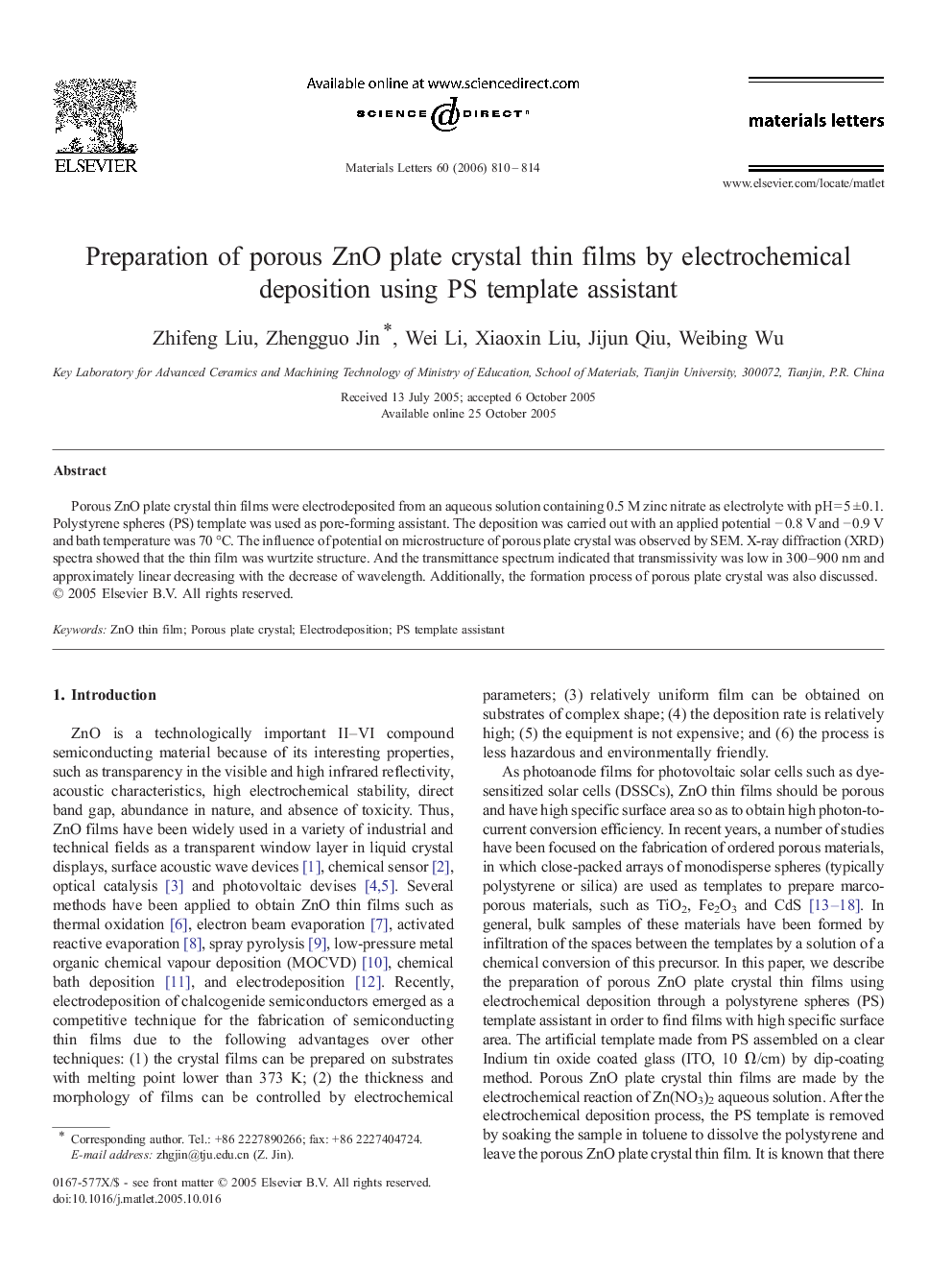 Preparation of porous ZnO plate crystal thin films by electrochemical deposition using PS template assistant