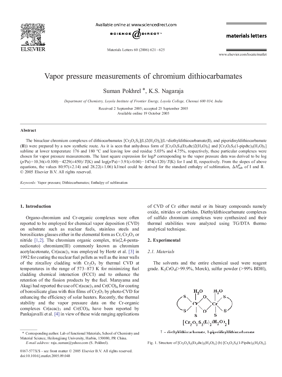 عکس صفحه اول مقاله: Vapor pressure measurements of chromium dithiocarbamates Vapor pressure measurements of chromium dithiocarbamates