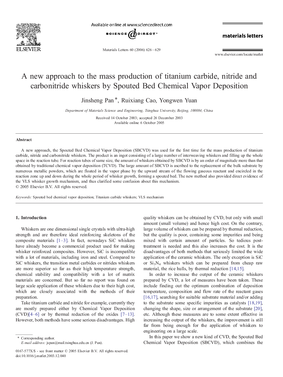 A new approach to the mass production of titanium carbide, nitride and carbonitride whiskers by Spouted Bed Chemical Vapor Deposition