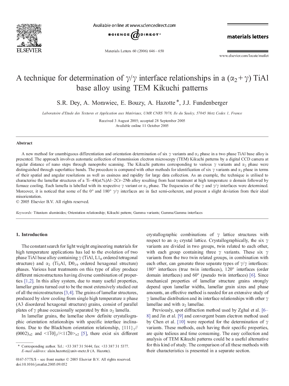 A technique for determination of γ/γ interface relationships in a (α2 + γ) TiAl base alloy using TEM Kikuchi patterns