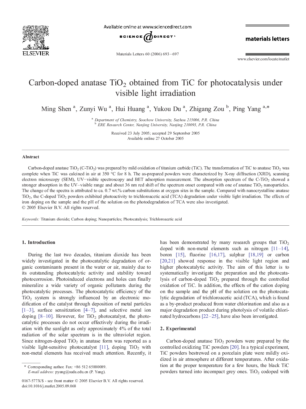 Carbon-doped anatase TiO2 obtained from TiC for photocatalysis under visible light irradiation