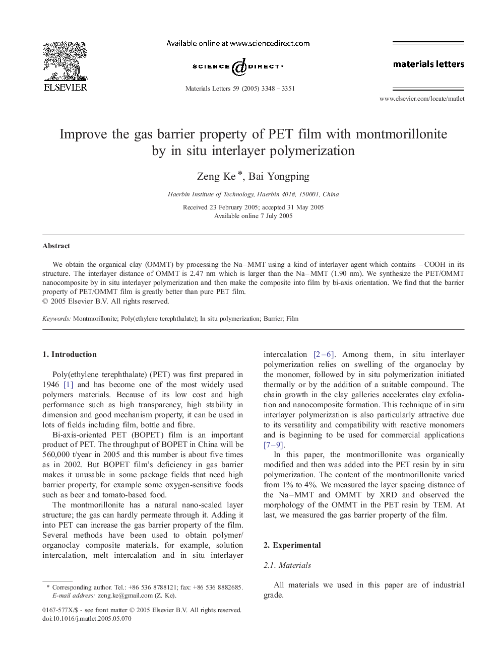 Improve the gas barrier property of PET film with montmorillonite by in situ interlayer polymerization