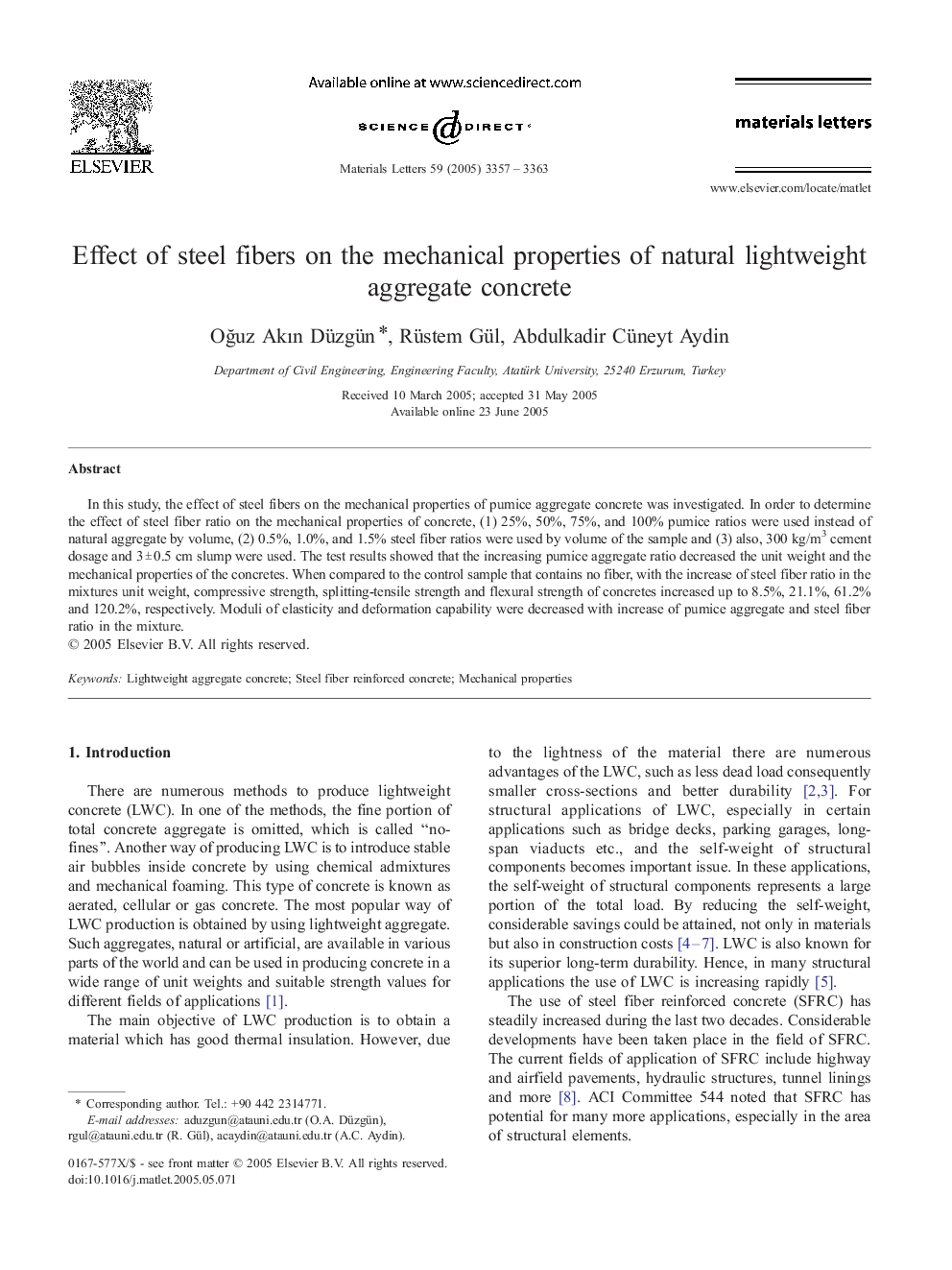 Effect of steel fibers on the mechanical properties of natural lightweight aggregate concrete