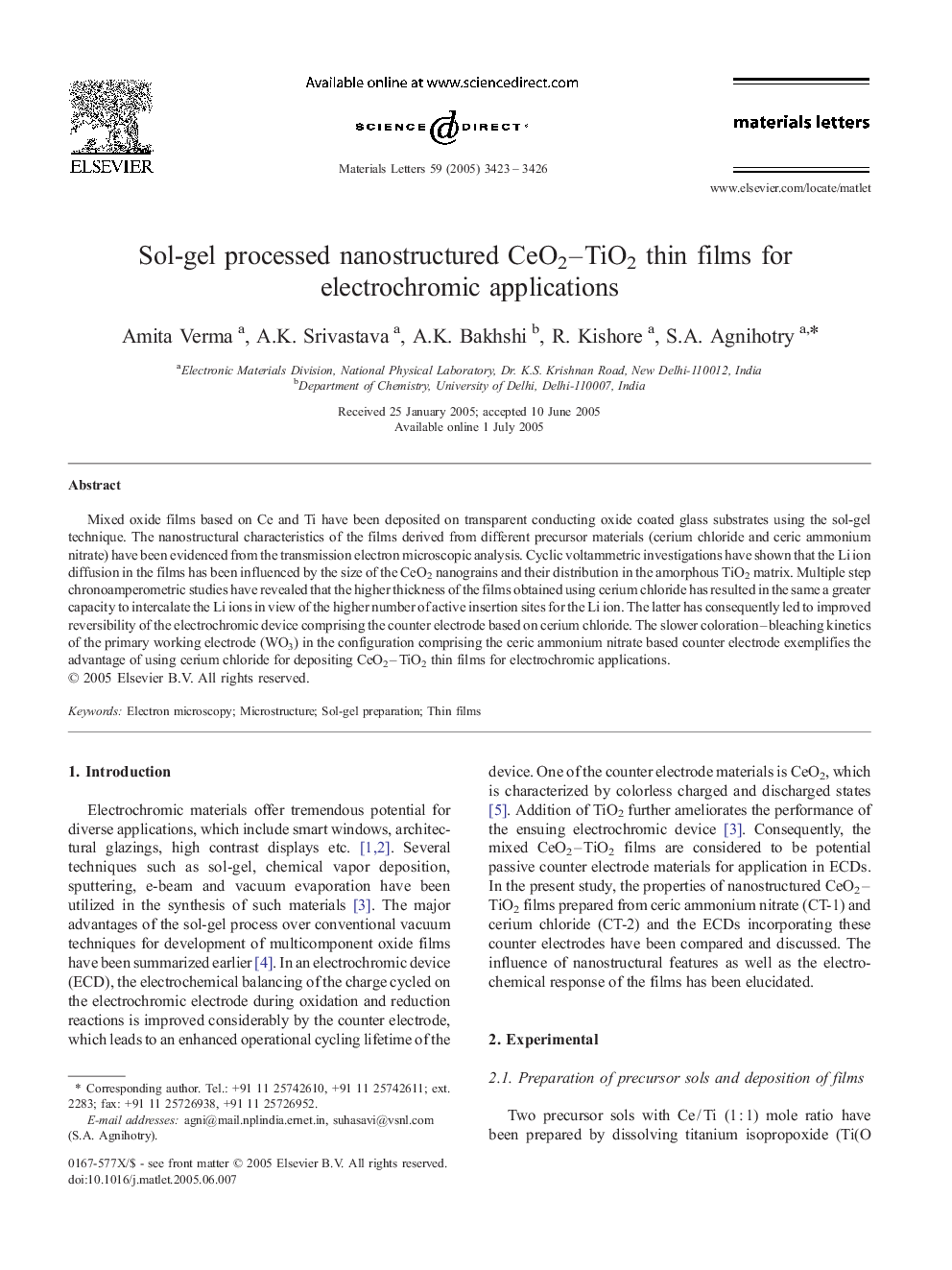 Sol-gel processed nanostructured CeO2–TiO2 thin films for electrochromic applications