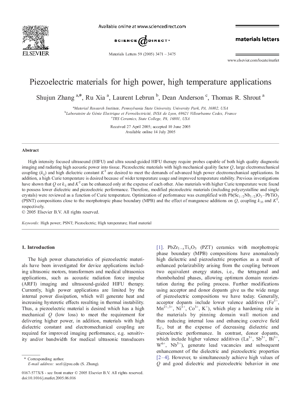 Piezoelectric materials for high power, high temperature applications