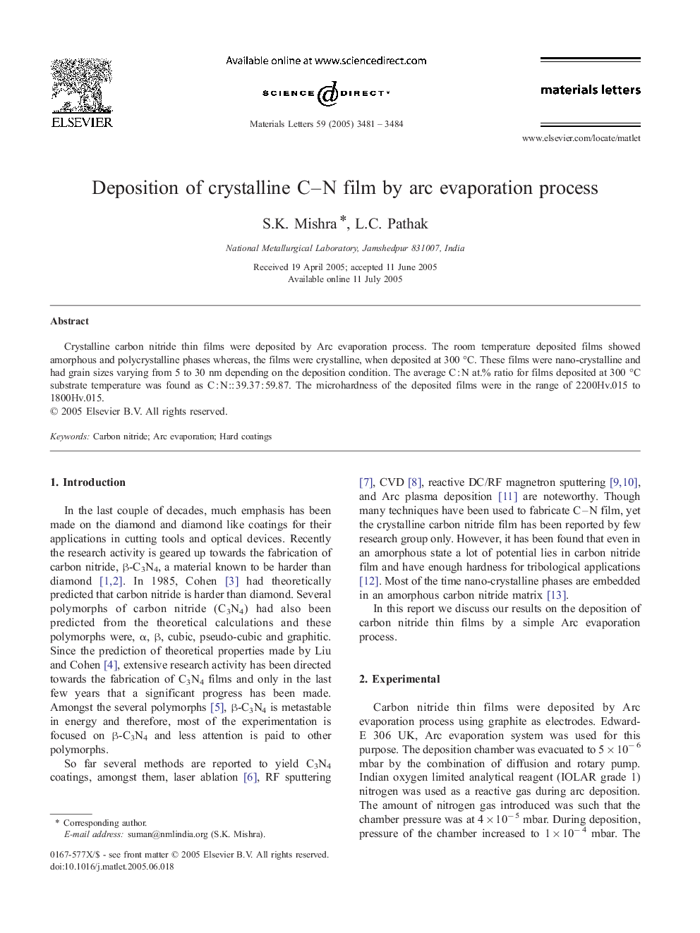 Deposition of crystalline C–N film by arc evaporation process