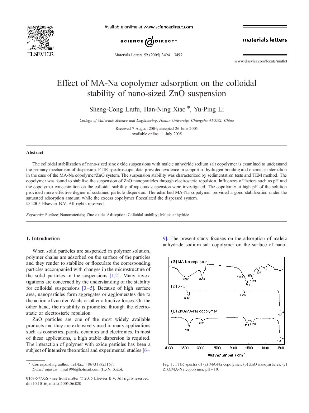 Effect of MA-Na copolymer adsorption on the colloidal stability of nano-sized ZnO suspension