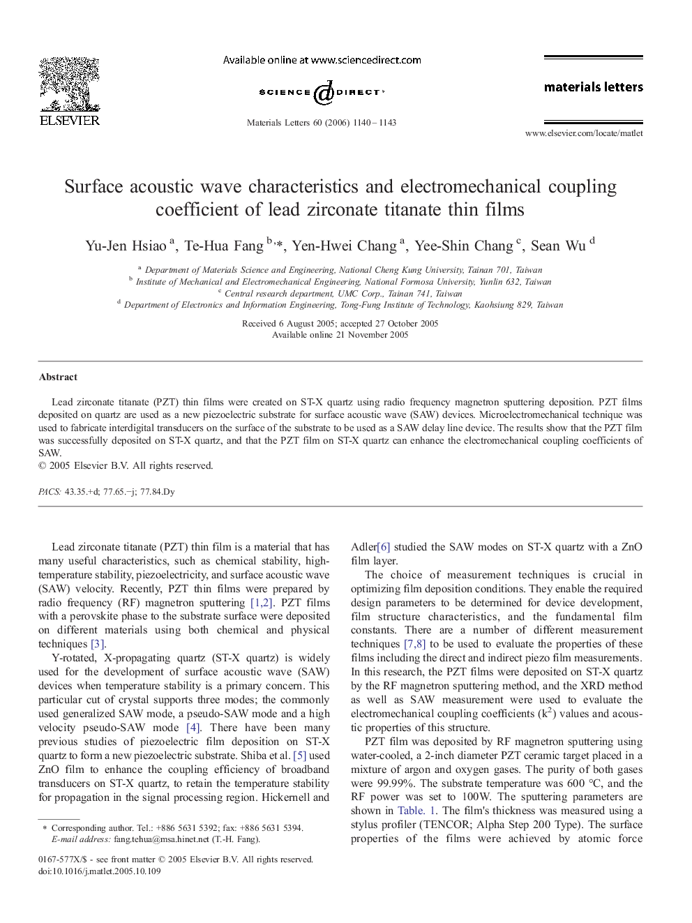 Surface acoustic wave characteristics and electromechanical coupling coefficient of lead zirconate titanate thin films