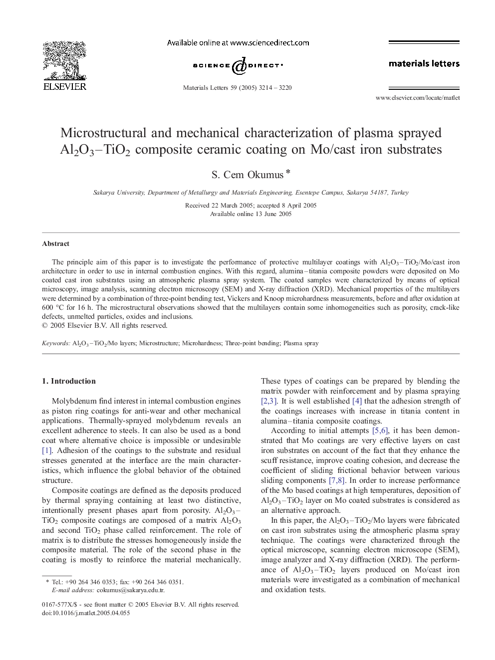 Microstructural and mechanical characterization of plasma sprayed Al2O3–TiO2 composite ceramic coating on Mo/cast iron substrates