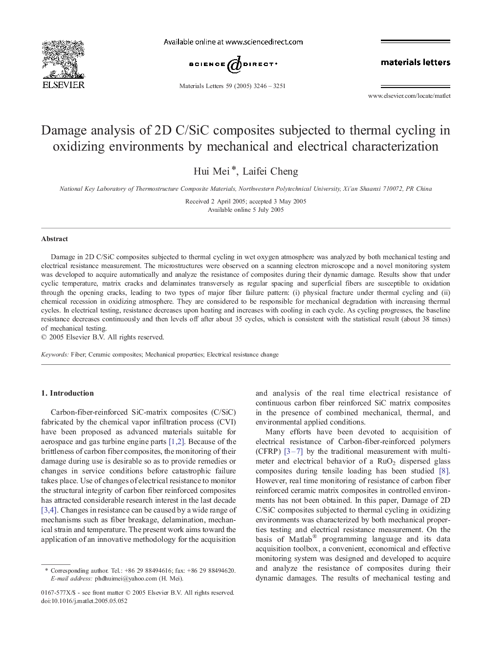 Damage analysis of 2D C/SiC composites subjected to thermal cycling in oxidizing environments by mechanical and electrical characterization