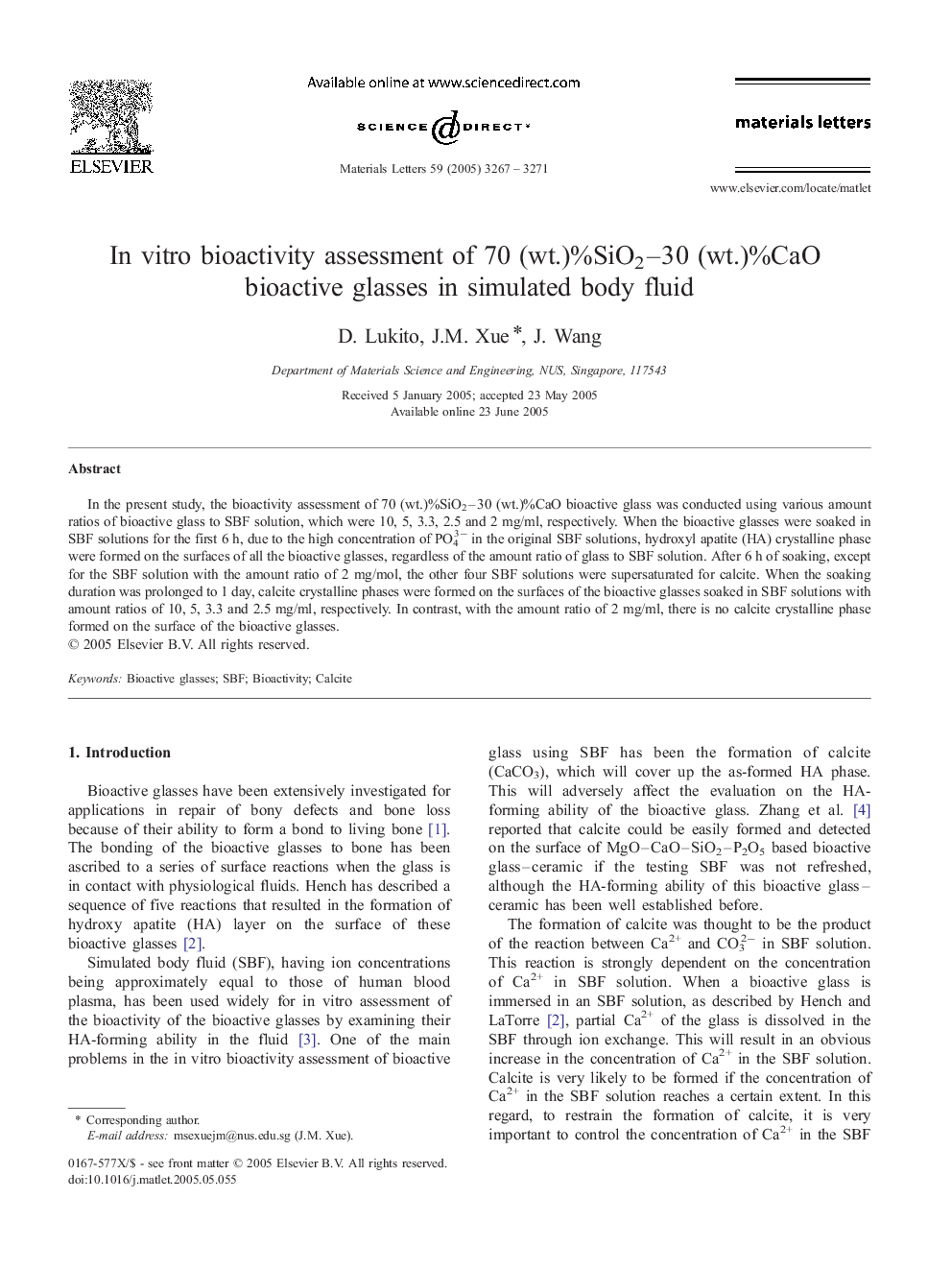 In vitro bioactivity assessment of 70 (wt.)%SiO2–30 (wt.)%CaO bioactive glasses in simulated body fluid