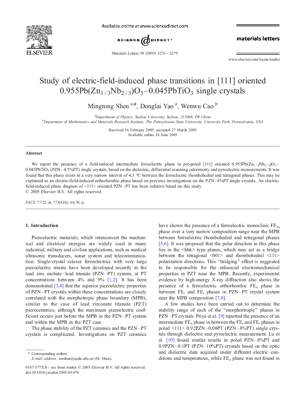 Study of electric-field-induced phase transitions in [111] oriented 0.955Pb(Zn1 / 3Nb2 / 3)O3–0.045PbTiO3 single crystals