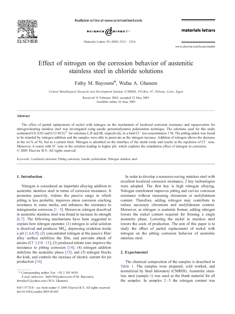 Effect of nitrogen on the corrosion behavior of austenitic stainless steel in chloride solutions