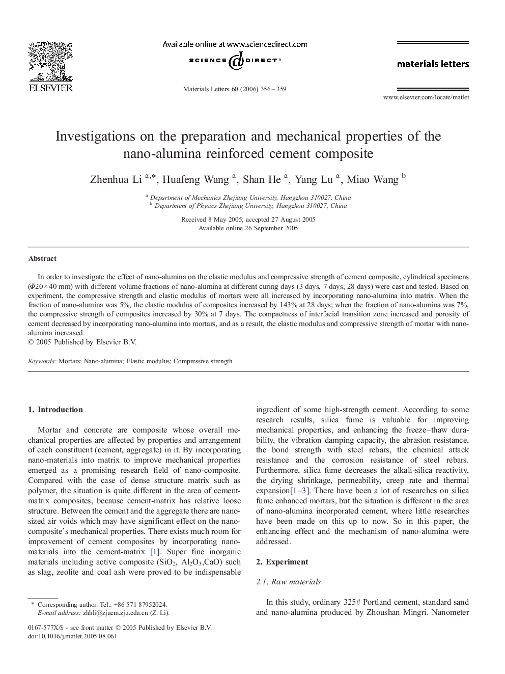 Investigations on the preparation and mechanical properties of the nano-alumina reinforced cement composite