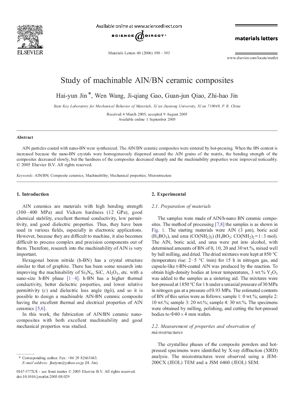 Study of machinable AlN/BN ceramic composites