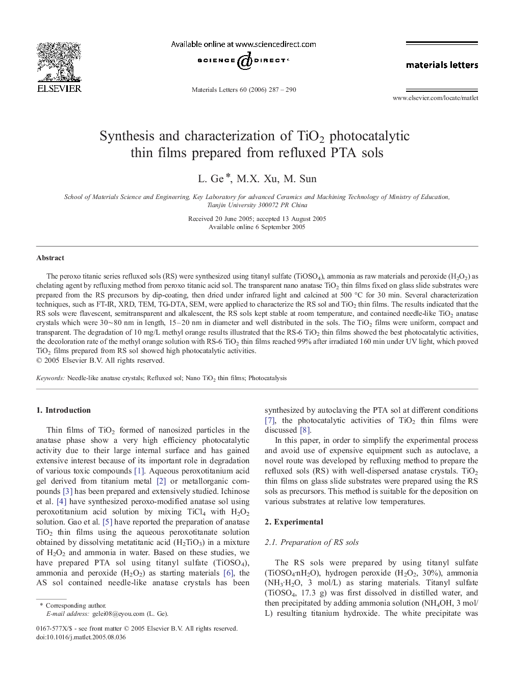 Synthesis and characterization of TiO2 photocatalytic thin films prepared from refluxed PTA sols