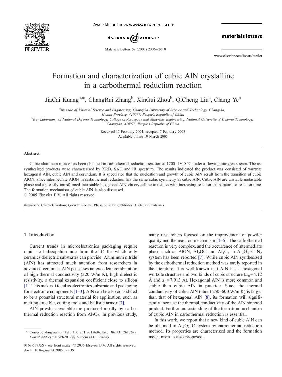 Formation and characterization of cubic AlN crystalline in a carbothermal reduction reaction