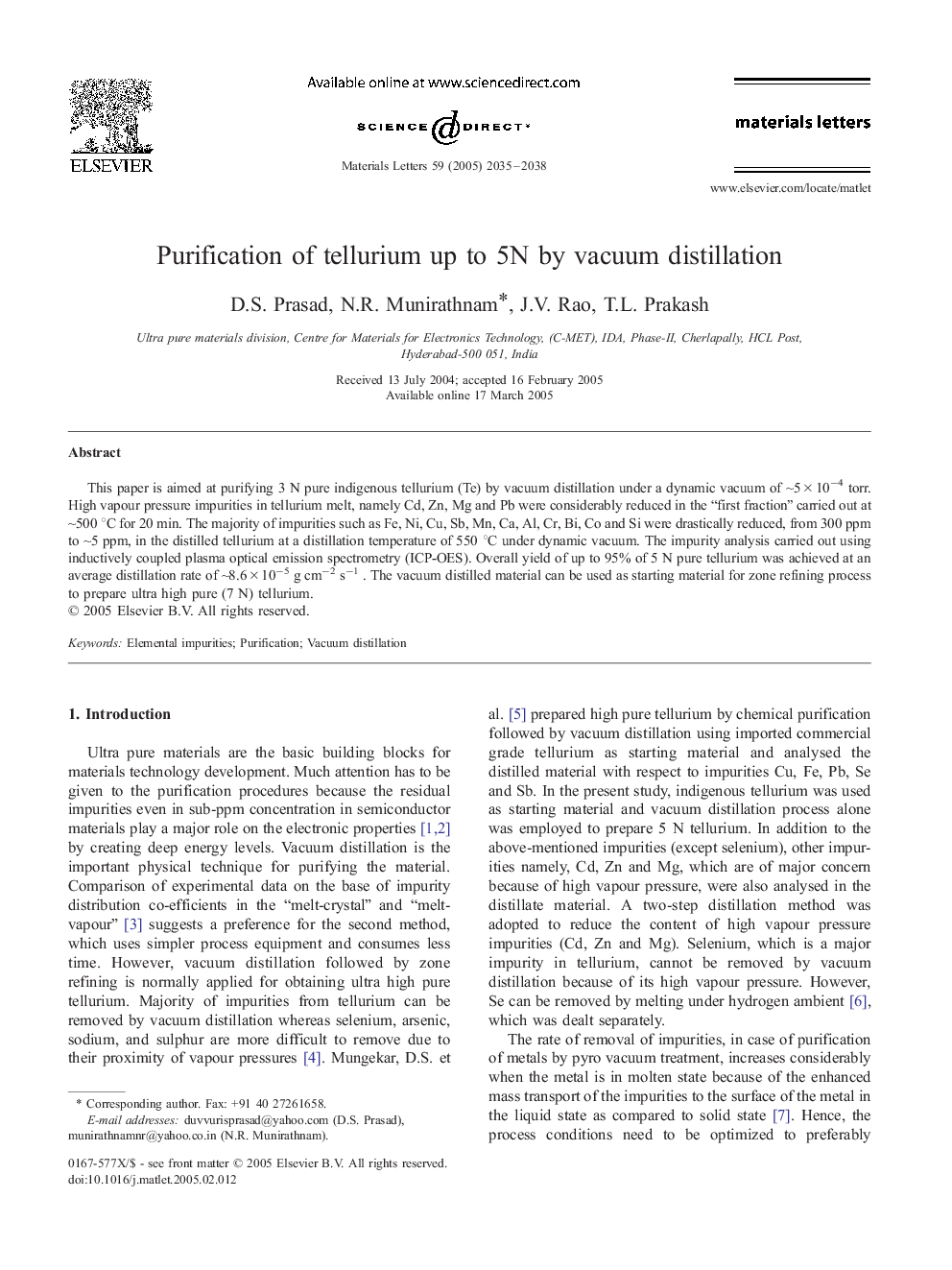 Purification of tellurium up to 5N by vacuum distillation