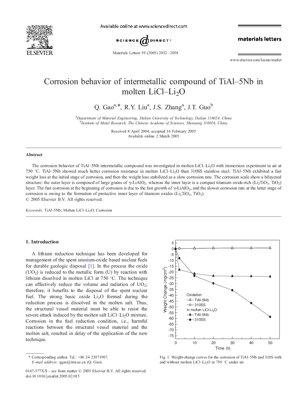 Corrosion behavior of intermetallic compound of TiAl–5Nb in molten LiCl–Li2O
