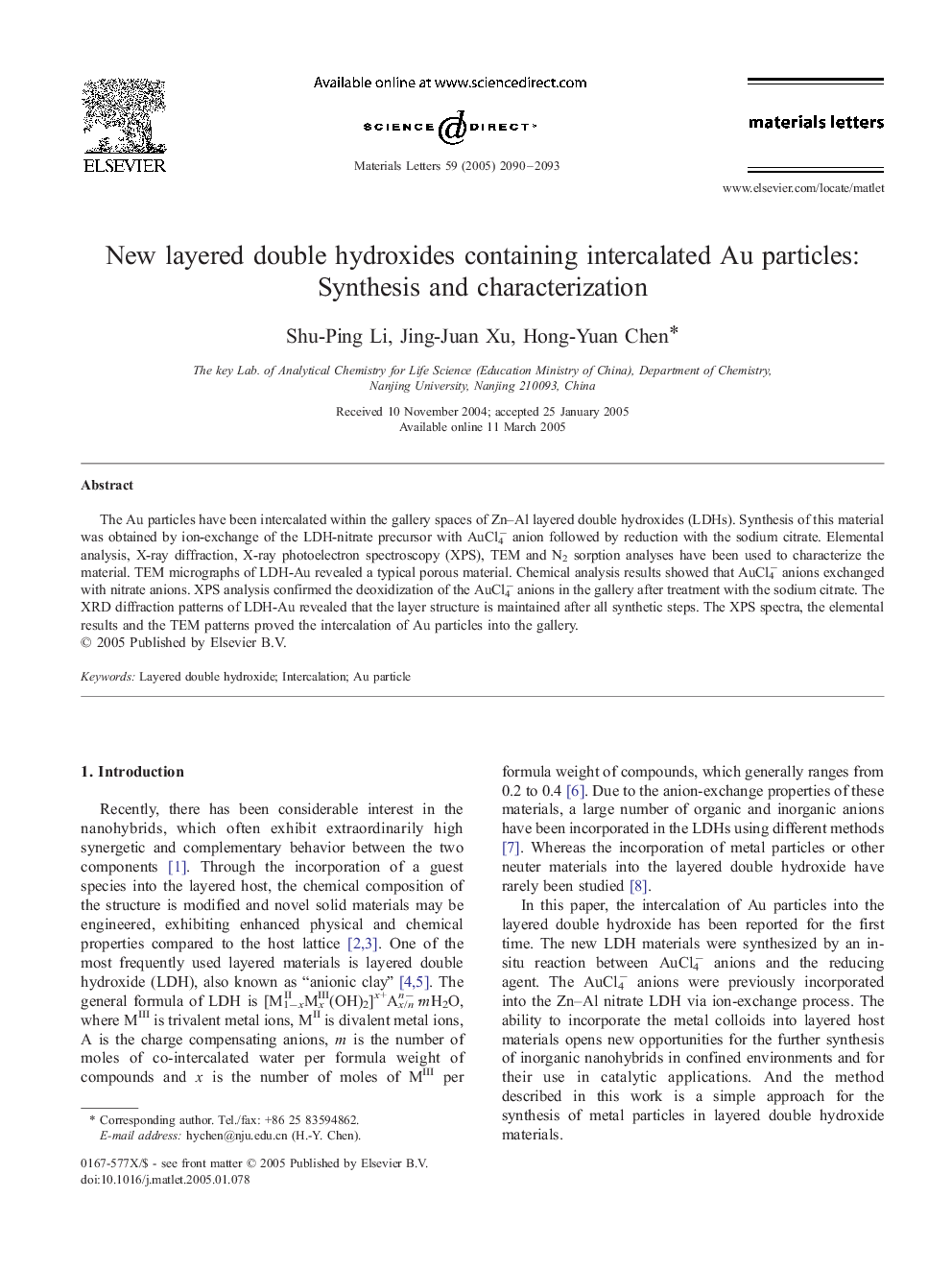 New layered double hydroxides containing intercalated Au particles: Synthesis and characterization