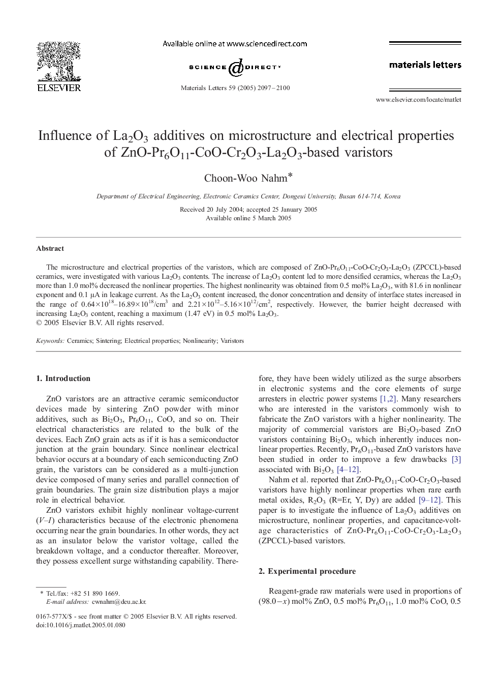 Influence of La2O3 additives on microstructure and electrical properties of ZnO-Pr6O11-CoO-Cr2O3-La2O3-based varistors