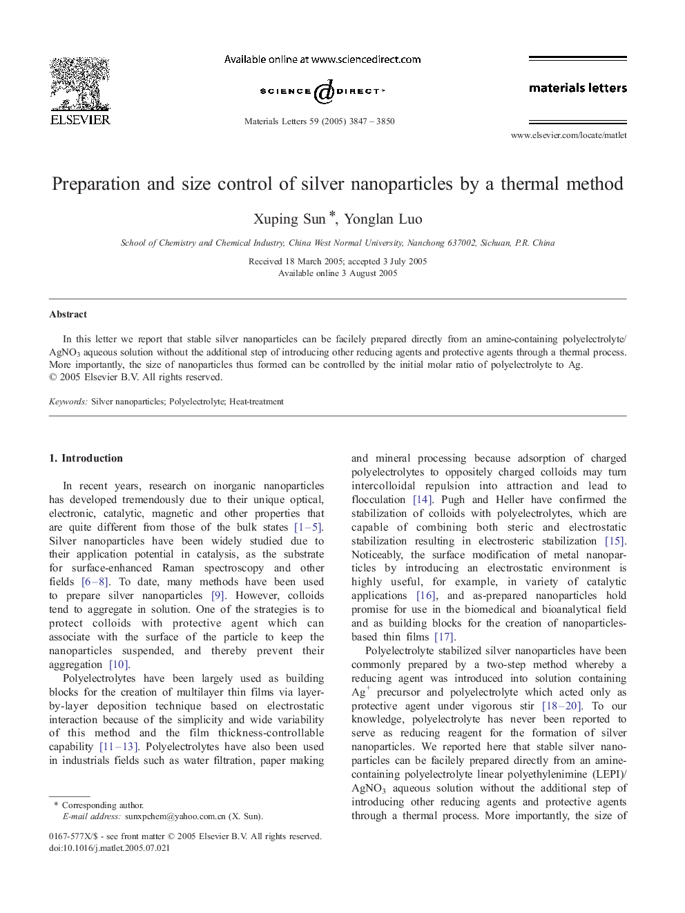 عکس صفحه اول مقاله: Preparation and size control of silver nanoparticles by a thermal method Preparation and size control of silver nanoparticles by a thermal method