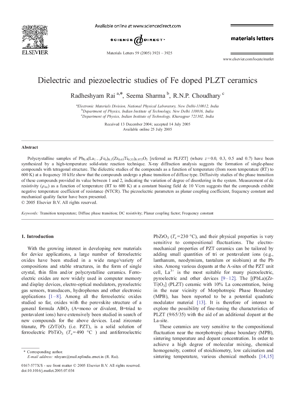 Dielectric and piezoelectric studies of Fe doped PLZT ceramics