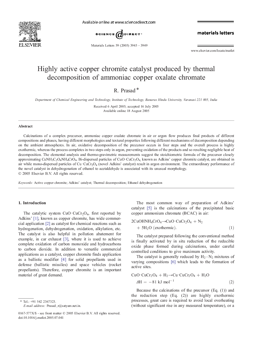 Highly active copper chromite catalyst produced by thermal decomposition of ammoniac copper oxalate chromate