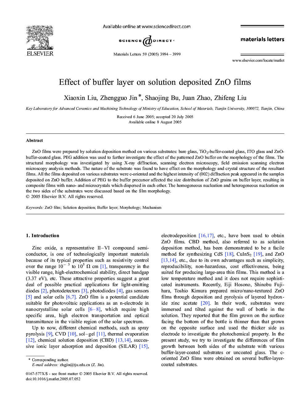 Effect of buffer layer on solution deposited ZnO films