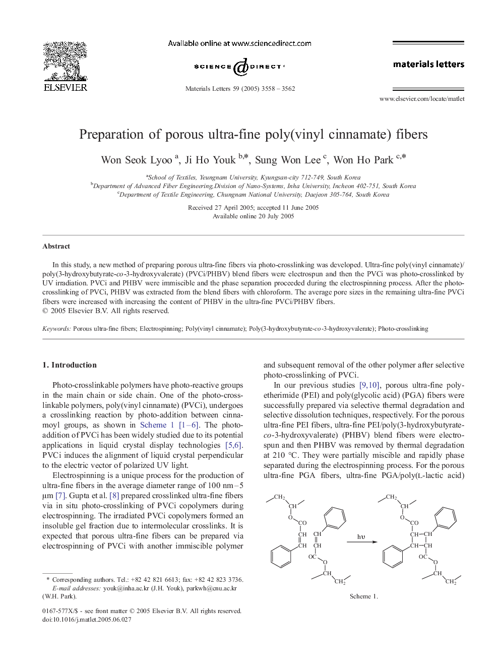 Preparation of porous ultra-fine poly(vinyl cinnamate) fibers