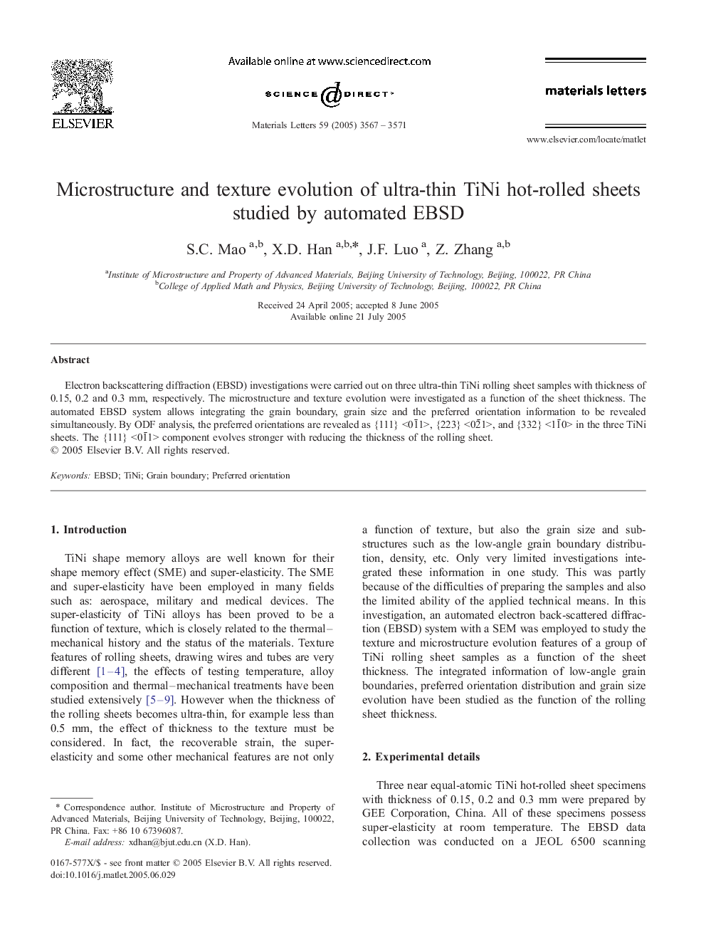 Microstructure and texture evolution of ultra-thin TiNi hot-rolled sheets studied by automated EBSD