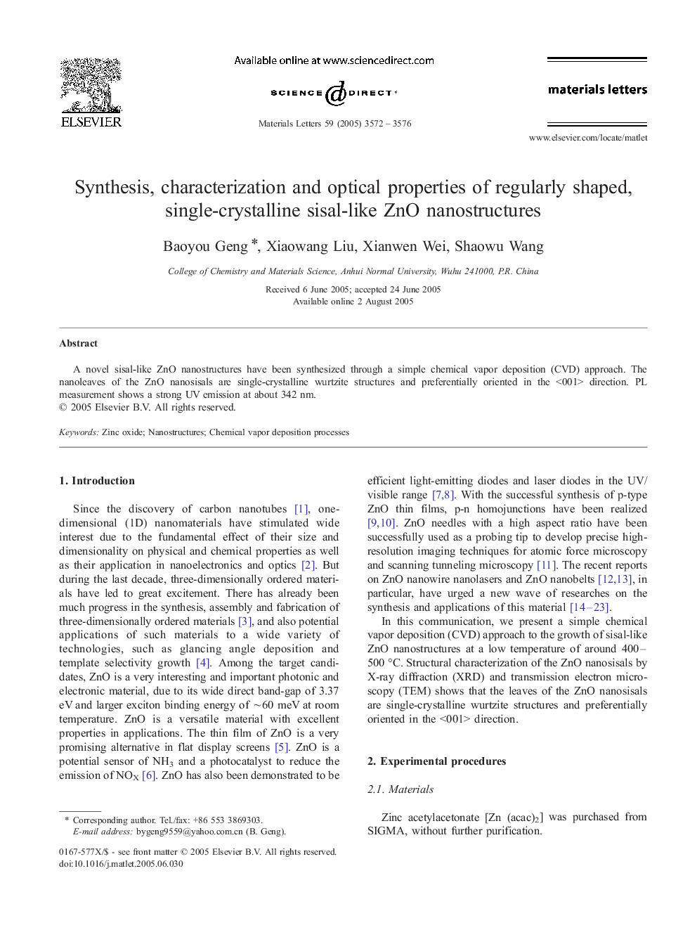 Synthesis, characterization and optical properties of regularly shaped, single-crystalline sisal-like ZnO nanostructures