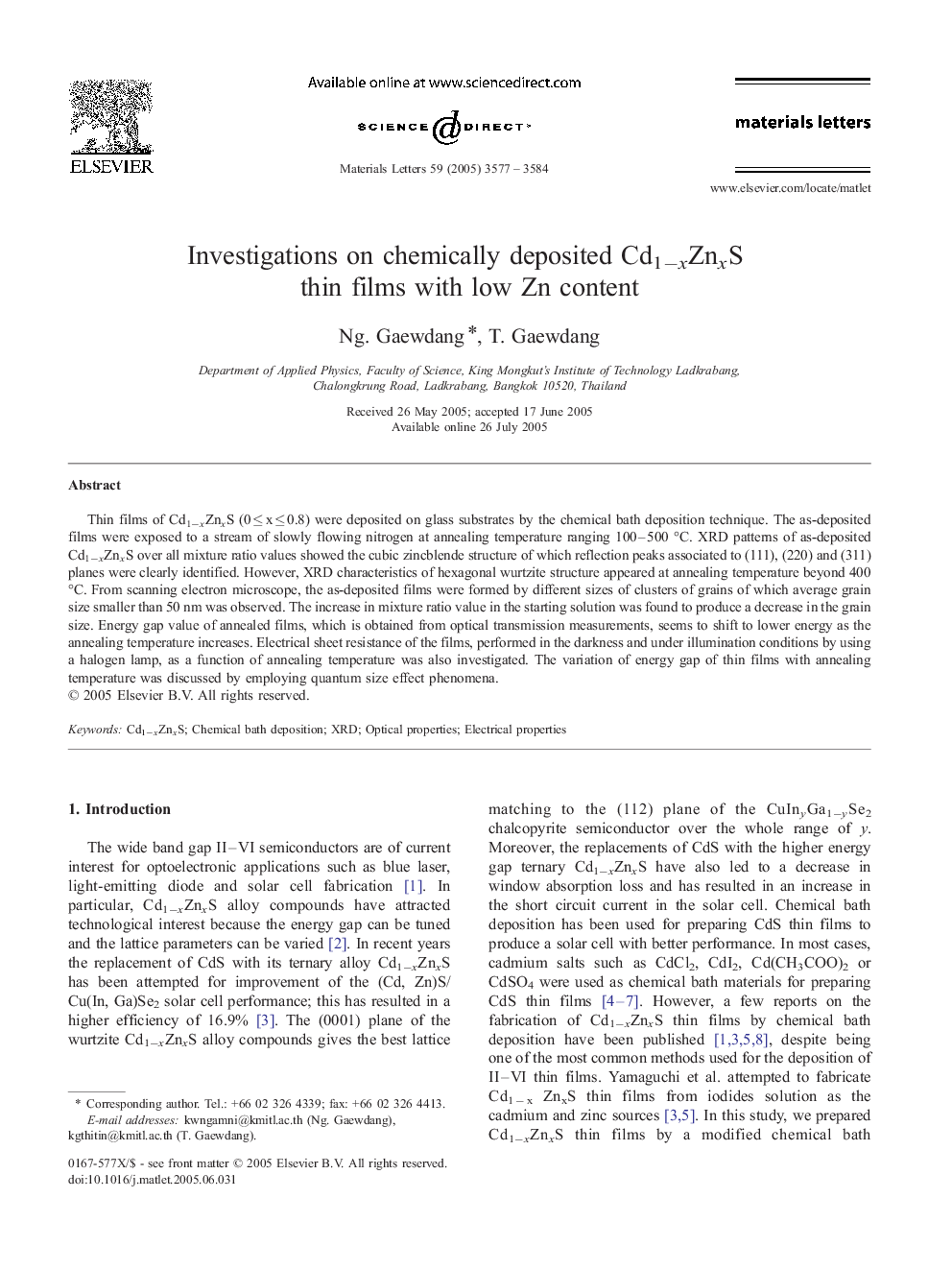 Investigations on chemically deposited Cd1−xZnxS thin films with low Zn content