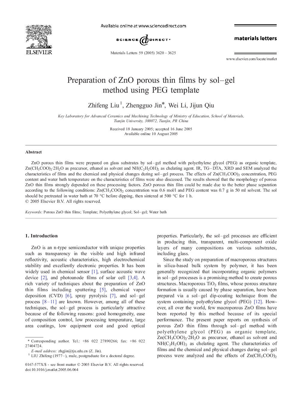 Preparation of ZnO porous thin films by sol–gel method using PEG template