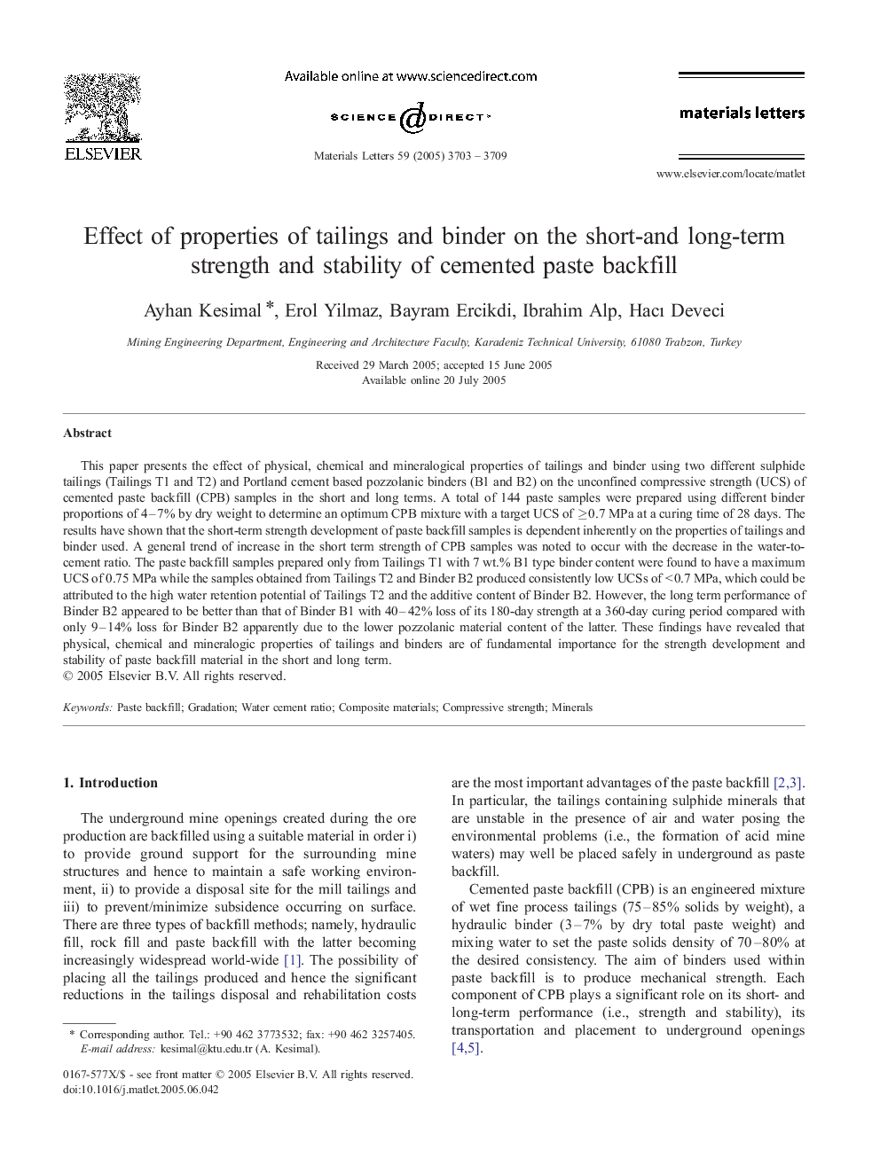 Effect of properties of tailings and binder on the short-and long-term strength and stability of cemented paste backfill