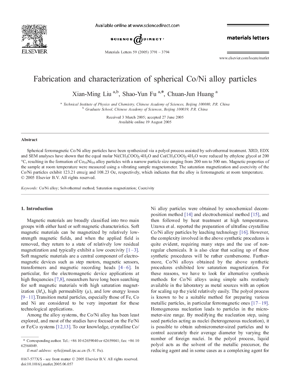 Fabrication and characterization of spherical Co/Ni alloy particles