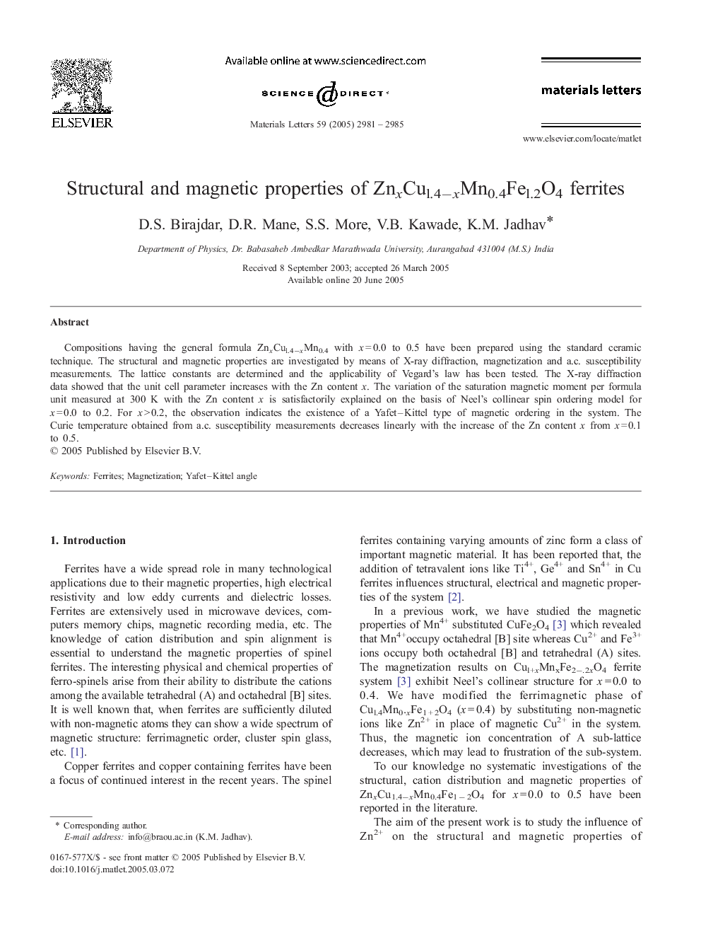 Structural and magnetic properties of ZnxCul.4−xMn0.4Fel.2O4 ferrites